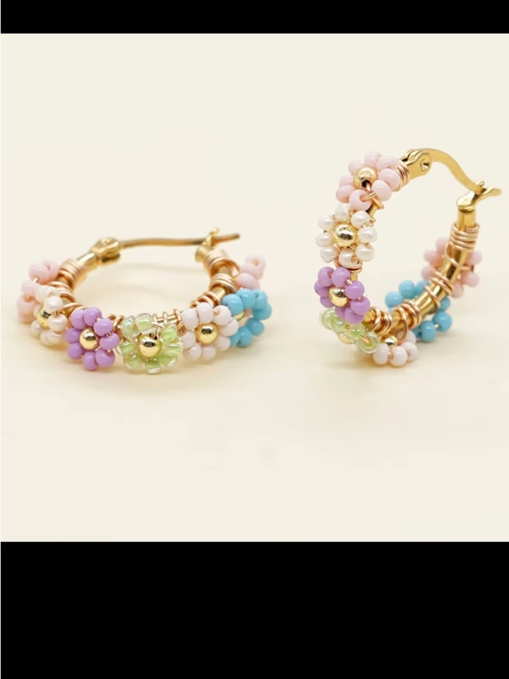 Gold Hoop Floral Beaded Earrings - Pastel Multi